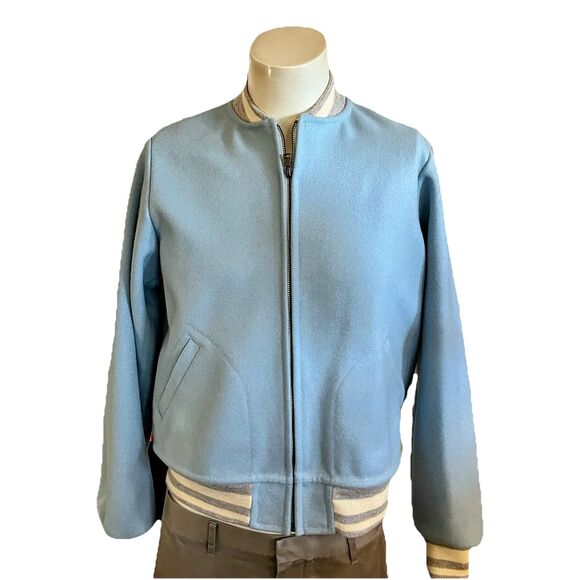 NEW Gloverall Bomber Jacket Women L Wool Blend Varsity Patel Blue - Picture 1 of 12